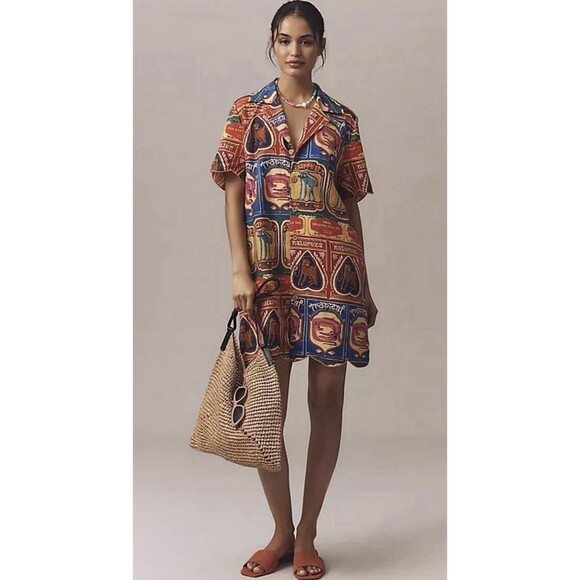 FARM Rio Dresses & Skirts - Farm Rio Anthropologie Shirt Dress Mini Scalloped Linen Vacay Preppy Size XS NWT